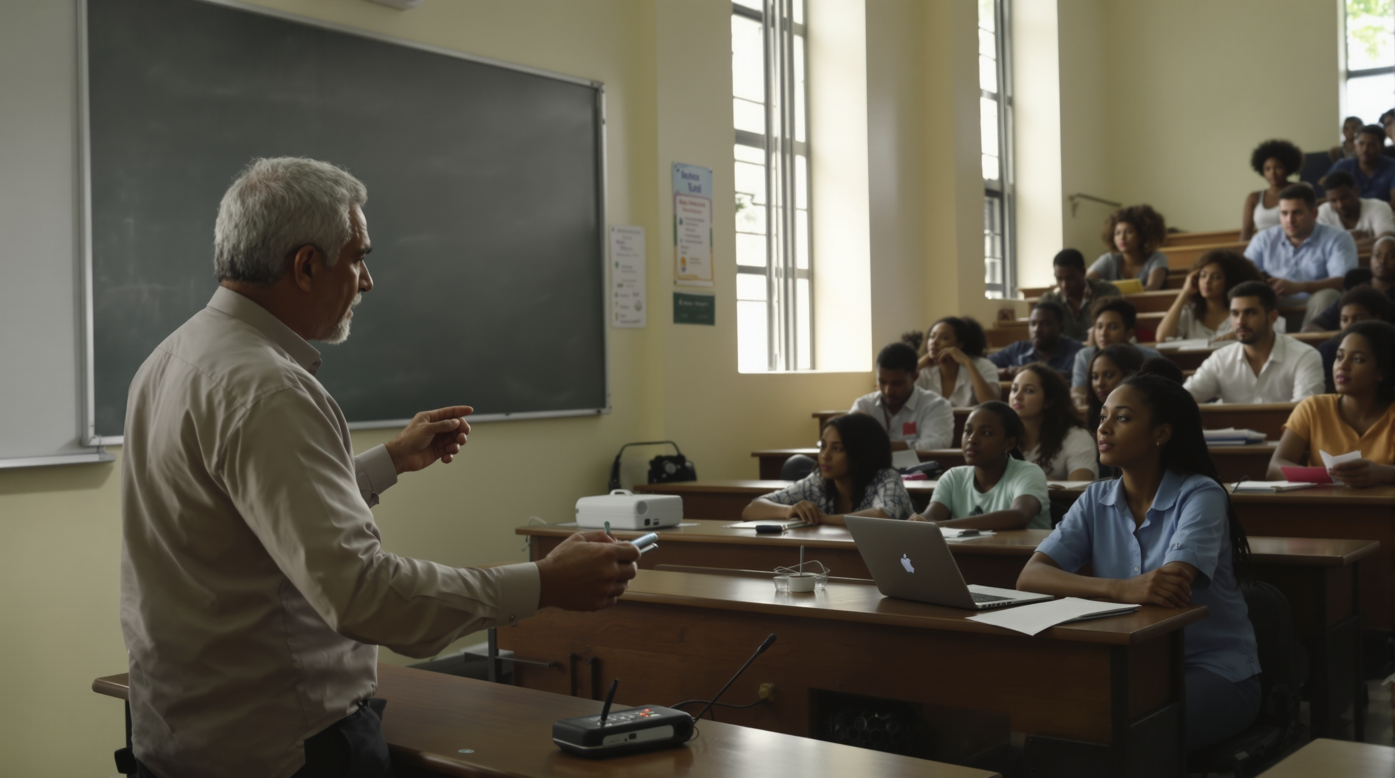 Diverse professor teaching engaged students in classroom, representing CuraSources' role in facilitating access to Cuban educational programs in medicine, nursing, dentistry, and engineering